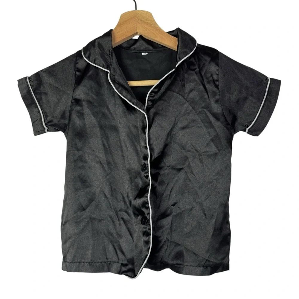 Boutique Black Satin Short Sleeve‎ Button Down Pajama Top 3T